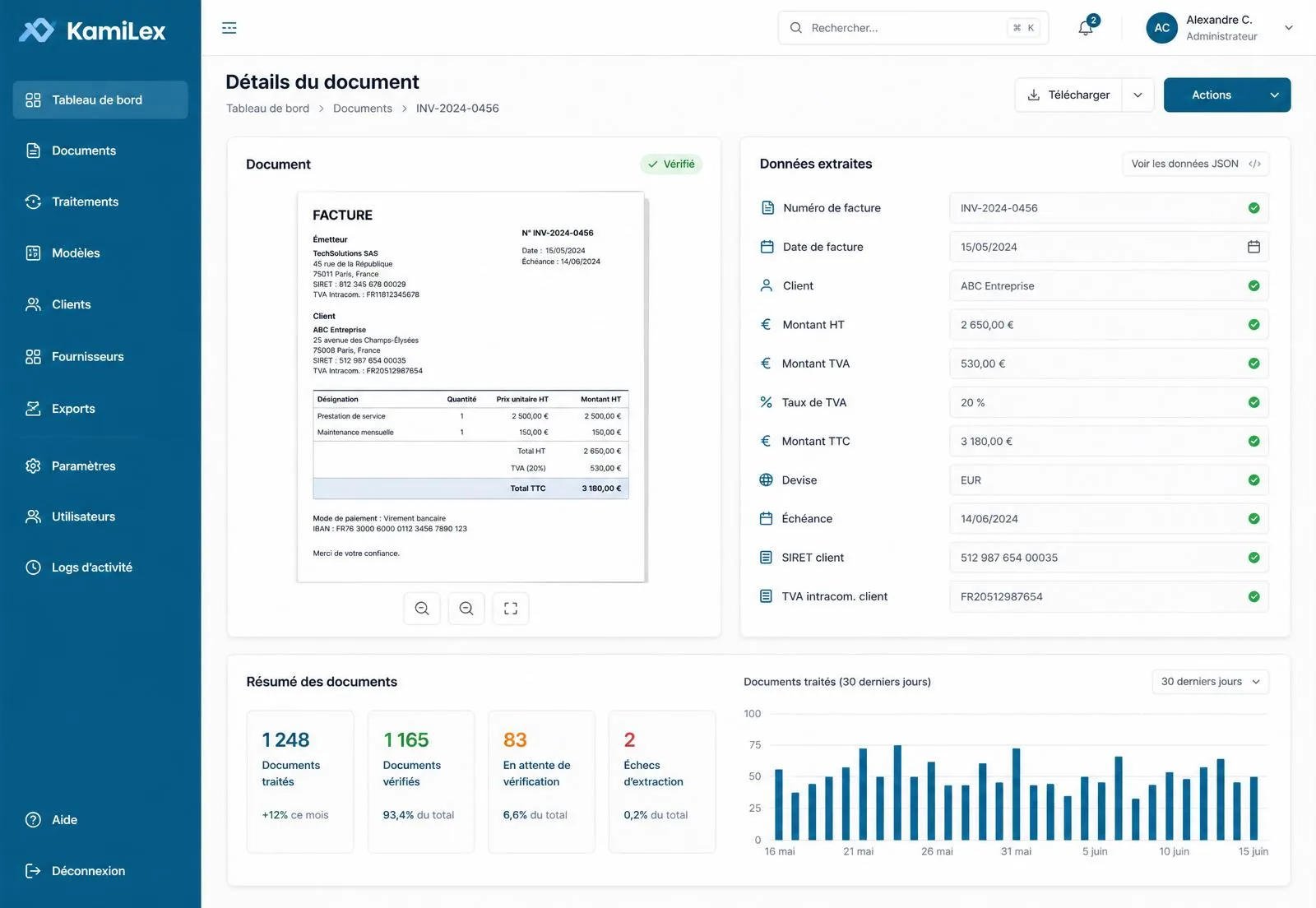 Interface KAMILEX : import de document, données extraites et statut de vérification