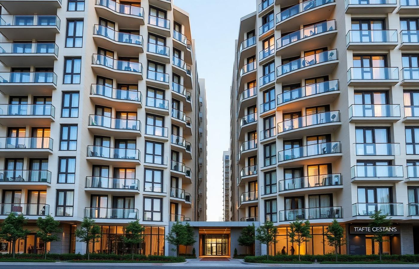 Immeuble de copropriété en ville, façade et balcons