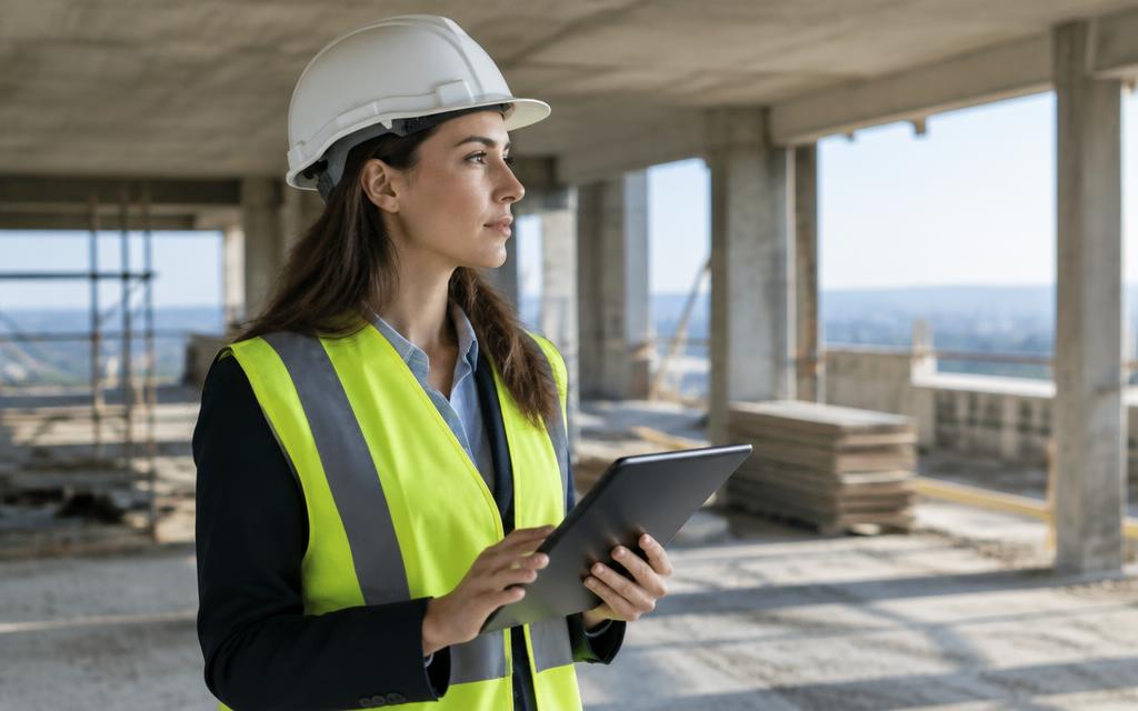 Chef de projet en casque avec une tablette dans un bâtiment en construction