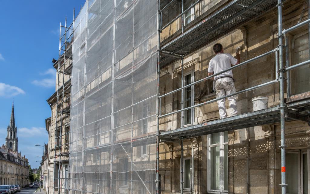 Façade d'immeuble recouverte d'un échafaudage avec un peintre au travail