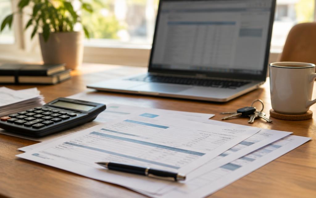 Bureau d'entreprise avec factures imprimées, calculatrice et ordinateur portable