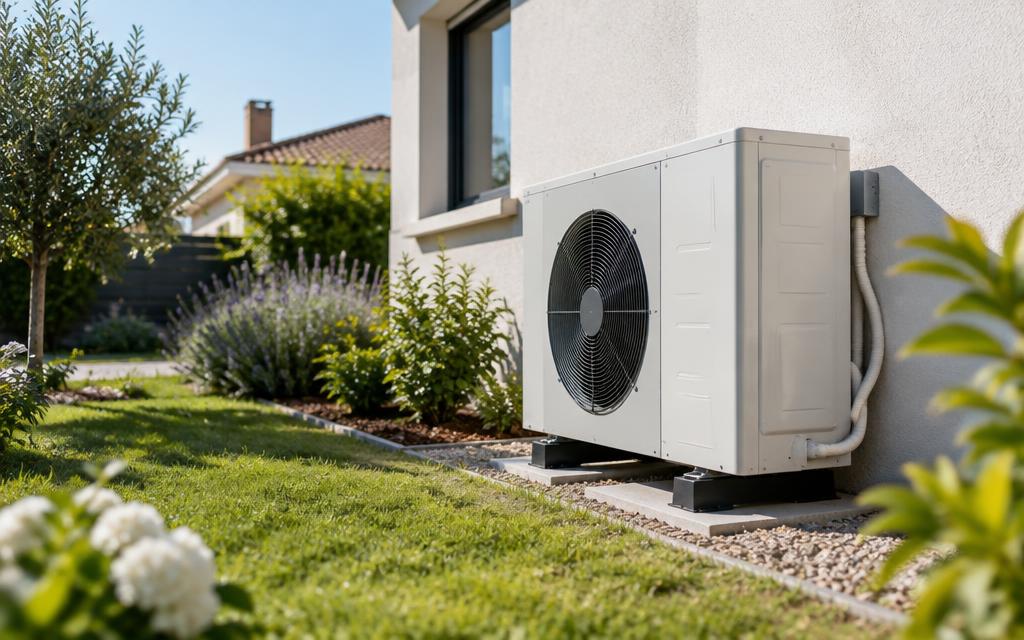 Pompe à chaleur installée sur le mur extérieur d'une maison individuelle