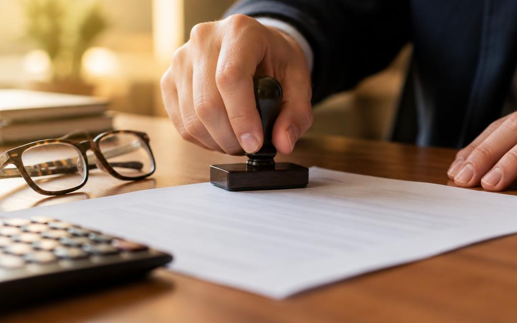Document administratif tamponné sur un bureau avec calculatrice et lunettes